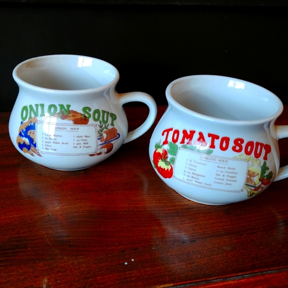 Vtg Recipe Soup Bowl Mugs. Tomato. Onion. EUC. White. - Picture 5 of 9